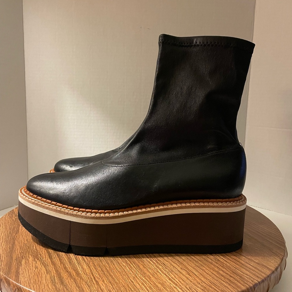 Robert Clergerie Britt Stretched Black Leather Rubber Wedged Boot Retro- 10